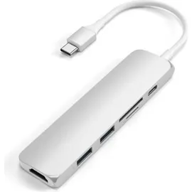 Satechi USB-C Hub Slim, Multiport-Adapter, Dockingstation mit 4K HDMI, 60W Power Delivery, 2X USB-A, SD/MicroSD-Kartenleser – Silber