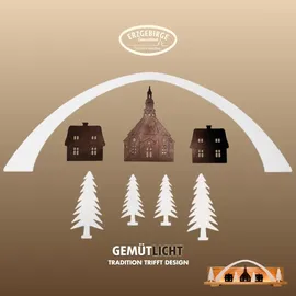 Weigla - Figurenset 8 TLG. original Erzgebirge I Motiv Seiffen weiß/braun I Figurenset für Dekosockel I detailreiche Holzkunst I Weihnachtsdeko mit Seiffener Kirche, Häuschen, Bäumen & Bogen