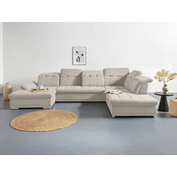 Wohnlandschaft COTTA "Holiday U-Form mit Sitztiefen-, Armteil- und Kopfteilverstellung", beige, B:386cm H:86cm T:265cm, 100% Polyester, Sofas, wahlweise mit Bettfunktion & Bettkasten
