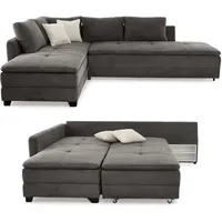 luma-home Ecksofa-Dauerschläfer, Doppelbett 306/223/95 cm Boxspring Federkern Ecksofa 306x223 Dauerschläfer, Bettkasten, Regal, Schwenkteil beidseitig montierbar, Cord Grau Anthrazit / 15163