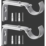 2 Stück Gardinenstange Halterung Silber - Wandhalterung für Gardinenstänge, Verstellbar (6-9cm Abstand zur Wand) - Für Ø 20-25 mm Stangen (2 Silber)
