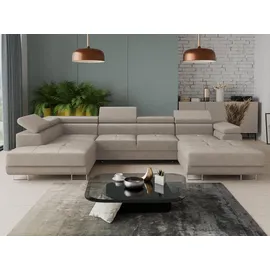 Sofnet Wohnlandschaft Caris U mit Schlaffunktion und einstellbare Kopfstützen, Ecksofa mit zwei Bettkästen, Couch, Sofa, Bettsofa (Beige (Paros 02), Ecksofa Rechts)