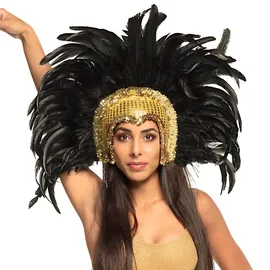 Boland - Haarschmuck Go-Go-Tänzerin, mit schwarzen Federn, aufwendiger Kopfschmuck, Samba, Bauchtänzerin, Kostüm, Karneval, Mottoparty, Gold