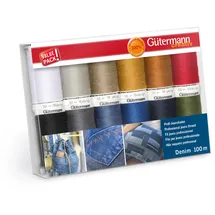 Gütermann creativ Nähfaden-Set mit 12 Spulen Profi-Jeansfaden Denim 100 m in den typischen Jeanssteppfarben