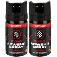 FYRO Pfefferspray zur Selbstverteidigung 2er Pack | KO Spray | Abwehrspray | Jet - Fog Sprühstrahl | 4 Meter Reichweite | Verteidigungsspray zur Tierabwehr | Hundeabwehr | 40 ml