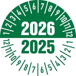 König Werbeanlagen Jahresprüfplaketten ab 26, 2-farbig 2 Jahreszahlen, Folie, Ø 30 mm - Bogen = 10 Plaketten - 30 mm Folie selbstklebend