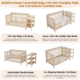 stilvora Babybett 3-in-1 mit 3-fach höhenverstellbar aus Massivkiefernholz, Beistellbett umschaltbar zum Sofa-Modus, Kinderbett mit Schutzzaun und...