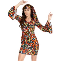 JNAOZI 70er Jahre Kostüm Dicso Kleid für Frauen - Hippie-Kleid mit Kopftuch - Disco Outfit Frauen für Halloween (XL) - XL
