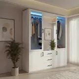 Schlafzimmerschrank Aus Weißem Massivholz - 2 Glastüren Mit Spiegel Und 3 Schubladen - Skandinavischer Kleiderschrank, Schwarze Griffe