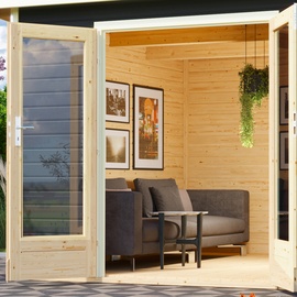 Karibu Gartenhaus Radeburg 3 inkl. 3,30m Schleppdach und Rückwand - 40mm-369 x 369 cm- terragrau mit Anbaudach 3,3 m (B x T)