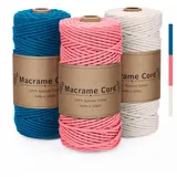 PUWOWYE 3 Stück Makramee Garn 3mm, Makramee Garn Set Rosarot Blau Beige, Makramee Baumwollgarn 3mm, Baumwollkordel Natur 3mm, Baumwoll Bastelschnur für Basteln Stricken Boho Deko DIY Handwerk, 3x100M