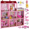 KRUZZEL Puppenhaus Puppenvilla mit Puppenfigur: Großes Puppenhaus-Set, (Puppenhaus-Set, Puppenhaus mit 3 Ebenen und Ausstattung), Großes Puppenhaus mit 8 Zimmern und Terrasse für kreatives Spielen rosa