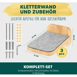 Happy Pet HAPPYPET Katzentreppen 3er-Set für Wandmontage - Nachhaltiges Hartholz, Designer Kletterwand Katzen, Katzentreppe mit Filzbezug, Katzenleiter, Katzenwand zum Klettern, Catwalk, Natur 3x Stufen M 22 x 15 cm