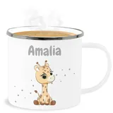 Geschenk mit Namen personalisiert by Shirtracer Emaille Becher Blechbecher - Süße Giraffe Giraffen Giraffenbulle Giraffenmotiv - 300 ml - Weiß Silber - name einer