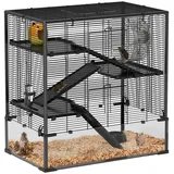 PawHut Hamsterkäfig für Zwerghamster, 4-stufiges Nagerkäfig mit Glasboden, Laufrad, Rampen, Futterschale, Kleintierkäfig Zwerghamsterkäfig 78,5 x 48,5 x 80 cm Schwarz
