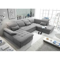 Wohnlandschaft ED EXCITING DESIGN "Wayne U-Form mit Bettfunktion, Bettkasten", grau (dunkelgrau, uran 03 dunkelgrau), B:340cm H:104cm T:240cm, 95% Polyester, 5% Nylon, Sofas, Arm- und Kopfteilverstellung & 3 Nierenkissen