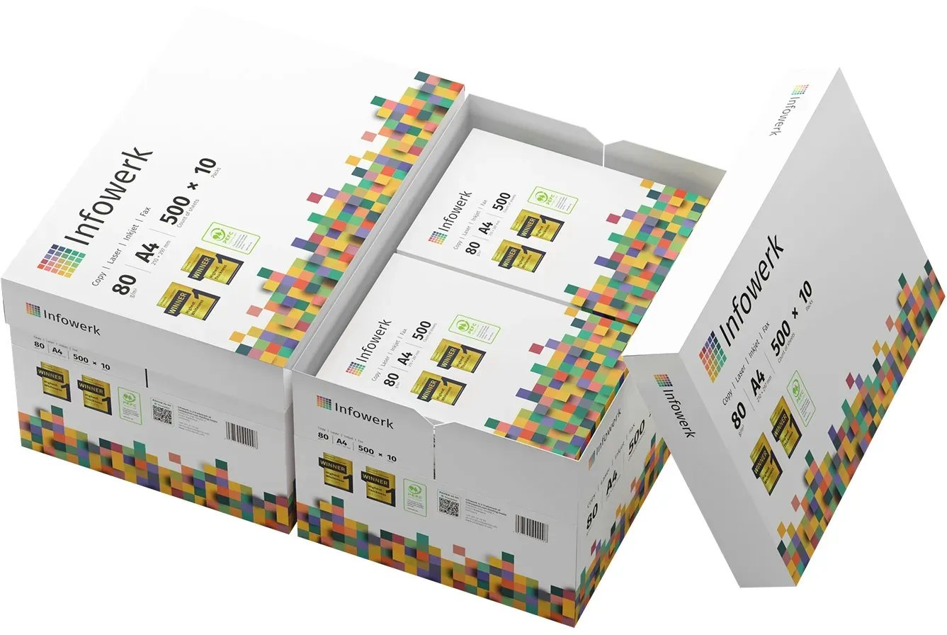 Infowerk Drucker-/Kopierpapier, 10.000 Blatt (20x500 Blatt), DIN A4, 80 g/qm, hochweiß, Testsieger, PEFC-zertifiziert
