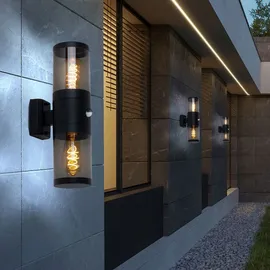 GLOBO Außenleuchte Wandlampe mit Bewegungsmelder Gartenleuchte Fassadenleuchte, Up Down Strahler, Edelstahl, schwarz rauch, 2x E27, Dxh 10,2x42 cm, 2er Set