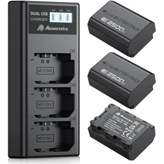 Powerextra 3 Stück Ersatzakku für NP-FZ100 und 3 Fach Ladegerät passend zu Alpha 7 iv, Alpha 7 iii, Alpha 6700, Alpha 9, Alpha 7RM3, Alpha 7M3