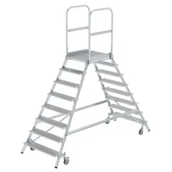Podestleiter 8 Stufen, fahrbar, Aluminium/Aluminium