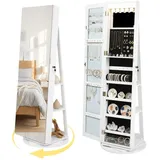 FurnitureR Schmuckschrank mit Ganzkörperspiegel, Drehbarer Schmuckschrank Abschließbar, Stehender Schmuckorganizer mit Spiegel und Großer Aufbewahrung für Ringe Ketten Ohrringe, Weiß