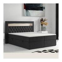 Möbel Punkt Boxspringbett DENVER mit LED und Bettkasten 180 x 200 cm Webstoff Schwarz Bett Bettkasten