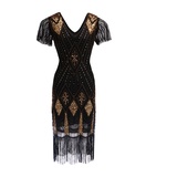 TOSHIKII 1920er Flapper Paillettenkleid mit Fransen Gatsby Roaring 20s Fancy Dress Kostüm Retro V-Ausschnitt Perlen Abendkleid - 3XL