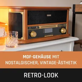 Lenco Retro-Schallplattenspieler aus Holz mit Bluetooth®, DAB+/FM-Radio, USB-Codierung, CD-Player, Kassettenspieler und eingebauten Lautsprechern