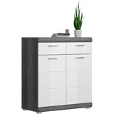 Schuhschrank INOSIGN "Siena, Breite 90 cm, 2 Türen, 2 Einlegeböden, 3 Fächer, 2 Schubkästen", weiß (rauchsilber nb, weiß hochglanz), B:90cm H:96cm T:37cm, FSC-zertifizierter Holzwerkstoff, Schränke, Front-Rillenfräsung, Schuhkommode, Kommode, Anrichte, Sideboard