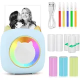 GuKKK Mini Drucker, Mobiler Fotodrucker, Tragbarer Mini mit Sieben Farben LED, Wireless Thermodrucker, Smartphone Bluetooth Drucker, für Lernhilfe,Lernnotizen,Journal (Blau)