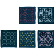 OM System Olympus Thread Hitomezashi Sashiko Stickpackung Untersetzer II Marineblau 5Stk mit dünnem Sashiko Garn Stoff bedruckt
