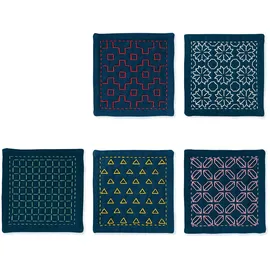OM System Olympus Thread Hitomezashi Sashiko Stickpackung Untersetzer II Marineblau 5Stk mit dünnem Sashiko Garn Stoff bedruckt
