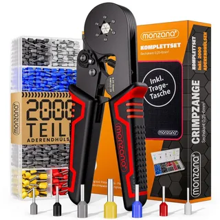 monzana Crimpzange Sechskant 0,25-6mm2 2000tlg. Aderendhülsen Set Ergonomisch Plastikbox Carbon-Stahl inkl. Tasche Aderendhülsenzange Werkzeug