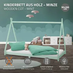 Kinderbett Kinderhaus 90x200 cm Minze Holzbett Lattenrost Tipi  Bett Hausbett