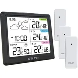 Funk Wetterstation mit 3 Außensensoren, Wetterstation Funk Innen Außen Digital Thermometer Hygrometer Feuchtigkeit mit Wettervorhersage,Wecker, für Zuhause Hausgarten