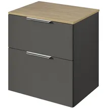 Bernstein - Waschtischunterschrank Tim 60 Cm Für Aufsatzwaschbecken - Badmöbelfarbe Anthrazit Matt, Griff Chrom, Waschtischplatte Eiche Nebelgrau