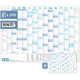 Häfft Häfft® XXL Wandkalender 2026 groß A1 + quer (89 x 63 cm), gefalzt, 15 Monate: Nov 2025 - Jan 2027 inkl. A4-Jahresplaner, Wandplaner "Blau" - nachhaltig & klimafreundlich