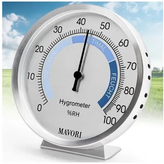 MAVORI Hygrometer analog aus Edelstahl - präzise und stilvoll - Ø 9,5cm, batteriefreier Betrieb (Bi-Metall) silberfarben|weiß