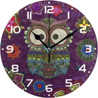 Große Wanduhren, Eulen-Mandala-Blumenelement, dunkel, batteriebetrieben, nicht tickend, 25,4 cm Uhr, geräuschlos, für Schlafzimmer, Küche, Atom, analoge Uhren, Heimdekoration