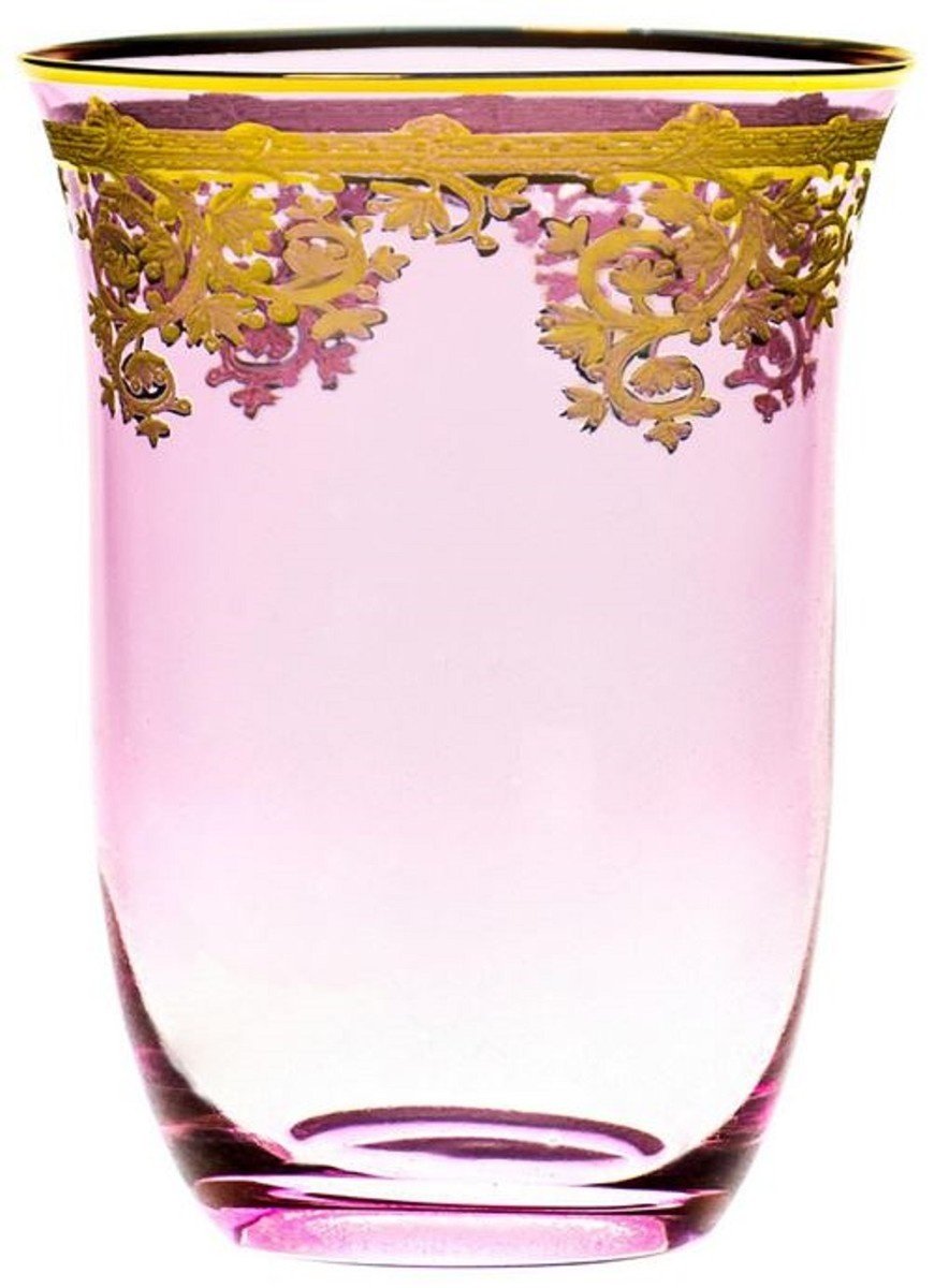 Casa Padrino Luxus Barock Wasserglas 6er Set Rosa / Gold Ø 9 x H. 12 cm - Handgefertigte und handbemalte Wassergläser - Biergläser - Weingläser - Hotel & Restaurant Accessoires - Luxus Qualität
