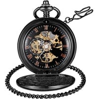 Tiong Vintage Glatte Stahl Skelett Schwarz Taschenuhr Mechanische Klassische Steampunk Taschenuhr