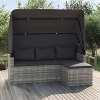 Rantry Gartensofa mit Faltbares Sonnendach und Fußhocker Gartensofa Lounge 3-Sitzer Gartenbank Sonnenliege Couch Gartenliege Möbel Grau Poly Rattan