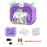 Kinderkamera Sofortbildkamera, 1080P 2.4 Zoll Bildschirm Dual-Objektiv DigitalKamera Kinder mit 5 Rollen Druckpapier, 32GB Karte & 6 Farbigen Stiften Geschenk für Kinder 3-14 Jahren(Lila)