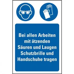 Schild I Gebots-Kombischild Arbeiten mit Säuren und Laugen, Kunststoff, 200x300mm, ASR A1.3, DIN EN ISO 7010