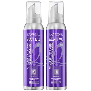 L'Oréal Paris Elvital Styliste Schaumfestiger, Haarschaum für XXL-Volumen, Anti-Platt Effekt und ultra starken Halt, Haar Styling Mousse ohne Parabene, Volume-Collagen, Elvital Styliste, 2 x 150ml