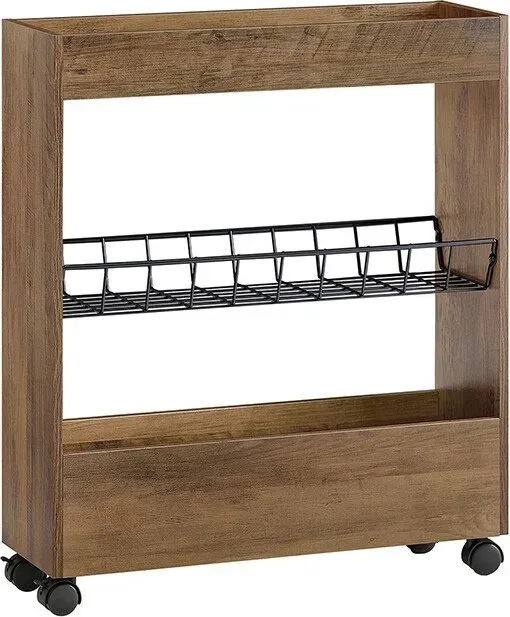 SoBuy Nischenregal mit 3 Etagen Küchenregal mit Rollen Badrollwagen Badezimmerregal Badschrank Nischenwagen Ordnungswagen Rollwagen schmales Regal Badmöbel Vintage BHT ca.:20x70x60cm