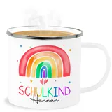 Emaille Becher Blechbecher - Einschulung Schulanfang Tasse - Regenbogen Schulkind mit Namen - 300 ml - Weiß Silber - schul schuleinführung schule name schulkinder personalisierte einschulungs