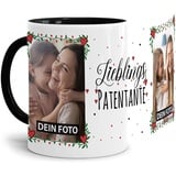 Tasse - Lieblings-Patentante - zum selbst Gestalten mit zwei Fotos - Fototasse für die Patentante - Keramik, Innen & Henkel Schwarz, 300 ml