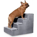 VELORA H&L Hundetreppe 4 Stufen Grau - Stabile Holzkonstruktion mit Veloursbezug, rutschfeste Hundetreppe für Sofa und Bett, Haustiertreppe für Hunde und Katzen, Belastbar bis 80 kg