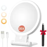 Doppelseitiger, Beleuchteter Vergrößerungsspiegel (1x/30x), Kosmetikspiegel Mit 3 Lichtfarben, Einstellbarer Helligkeit, 2000-mah-akku, 360°-drehständer, Wandmontage/tragbar/faltbar